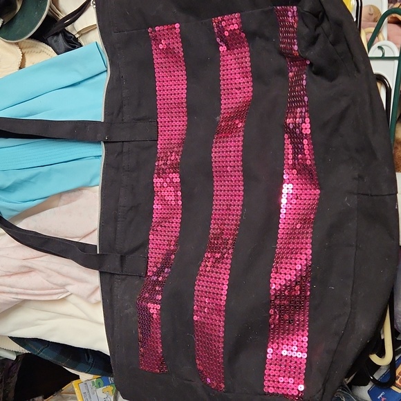 Victoria Secret Tote Bag Black Pink Sequin Weekender Oversize Bag Lined - Picture 2 of 3